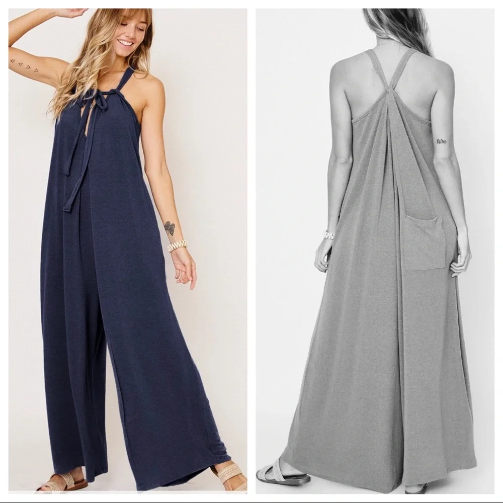 ✨ONE DAY SALE✨Navy Blue Fabulous Boho Chic Tie Shoulder wide leg jumpsuit - Picture 2 of 2